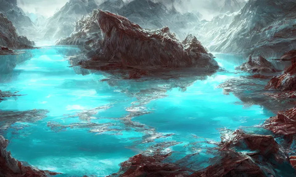 Image similar to crystalline turquoise lake, digital art, concept art, fantasy art, highly detailed, hd wallpaper, hdr, artstation, deviantart, behance