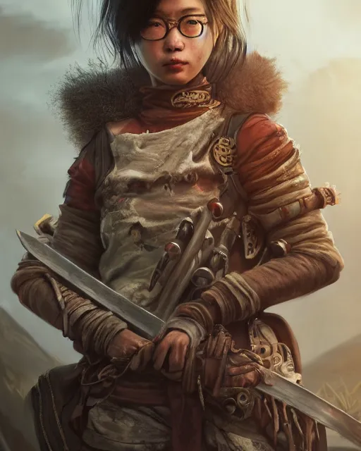 Image similar to hyper realistic portrait of postapocalyptic asian death cult monk girl sword and shield, beads, gears, machineparts, cinematic, artstation, cgsociety, pascal blanche