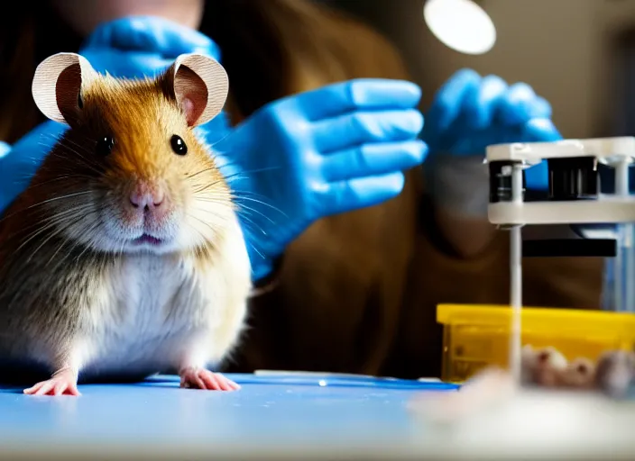 Image similar to film still of a hamster working in a research lab finding the cure for cancer, 8 k