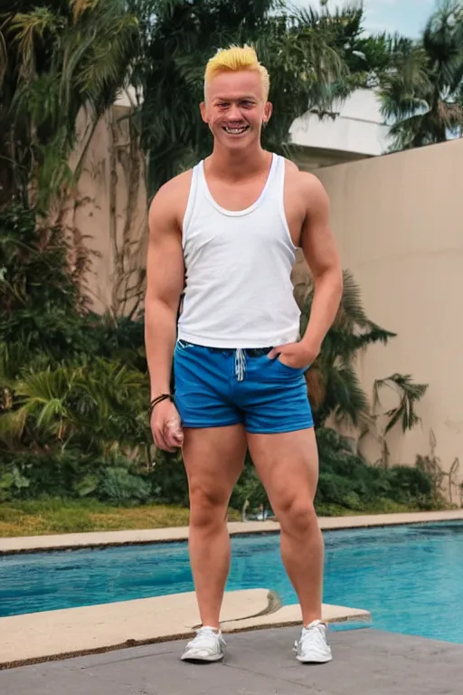 Prompt: a handsome man with blonde hair who is also a male android, ken, muscular, wearing a cut-off white crop top and short light orange shorts stands by a swimming pool, shiny skin, candid smile