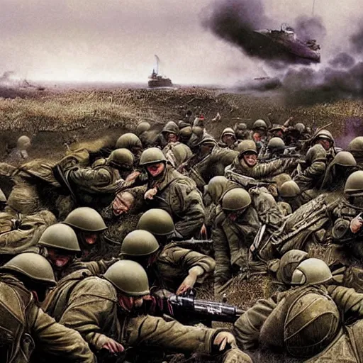 Prompt: d - day scene from saving private ryan except it's by victo ngai and yoji shinkawa moebius jean girard and stuart brown bryan christie godmachine keith thompson psychedelic combat art world war two combat photography photorealistic