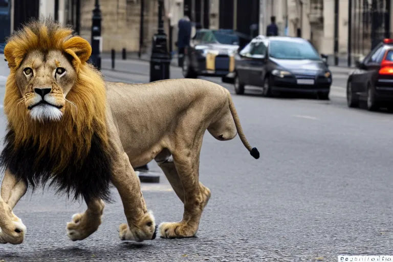 Prompt: Photo of a lion walking through the empty streets of london, highly detailed, award winning, Canon 100-400mm f/4.5-5.6 II,