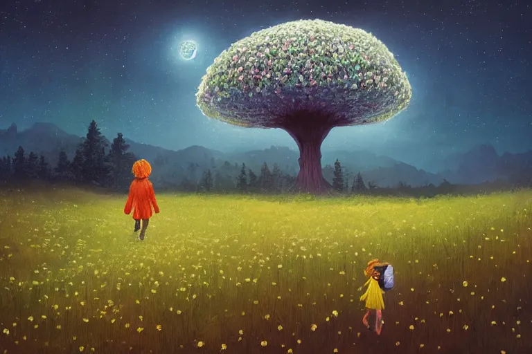 Image similar to giant daisy flower as a head, girl walking forest, big trees, hills, surreal photography, dark night, star trails, moon light, impressionist painting, clouds, digital painting, artstation, simon stalenhag