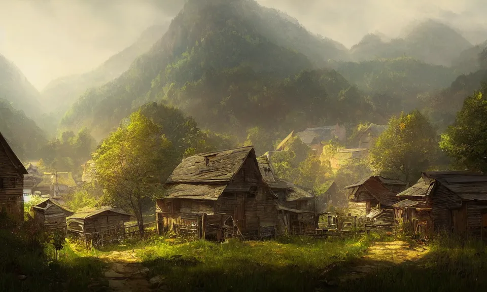 Prompt: Rural Appalachian village in the mountains, Greg Rutkowski, ArtStation, Deviantart, HD screenshot