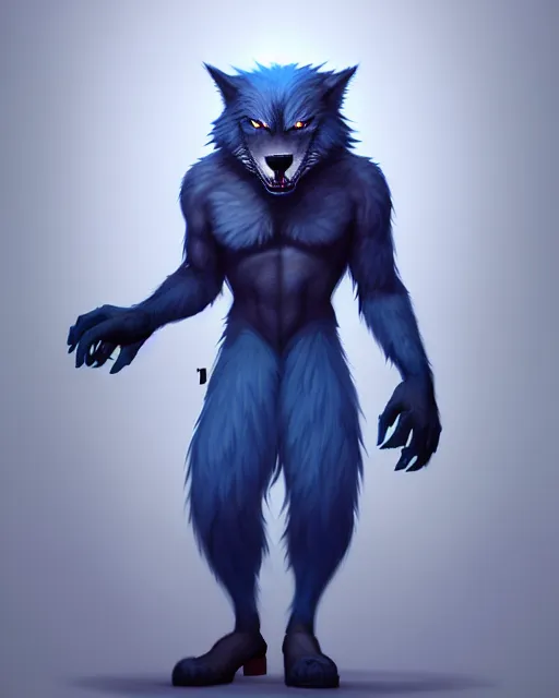 Image similar to character concept art, cute adult male anthropomorphic furry, cute fine face, darkblue werewolf, pants, pretty face, key visual, long human lightblue hair, realistic shaded furry face, fine details by stanley artgerm lau, wlop, rossdraws, james jean, andrei riabovitchev, marc simonetti, and sakimichan