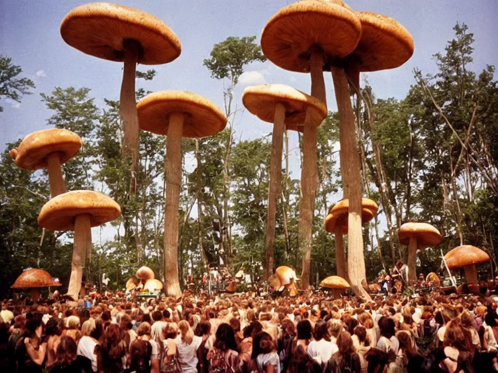 Prompt: 70s photo of giant mushrooms at trippy psychedelic hippy festival Woodstock stage show