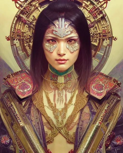 Image similar to portrait of a turkish masculine female cyberpunk machine, machine face, upper half portrait, decorated with ottoman opera motifs, muscular, asian, fine china, wuxia, traditional chinese art, intricate intense elegant, highly detailed symmetry headpiece digital painting artstation concept art smooth sharp focus illustration, art by artgerm and greg rutkowski alphonse mucha 8 k