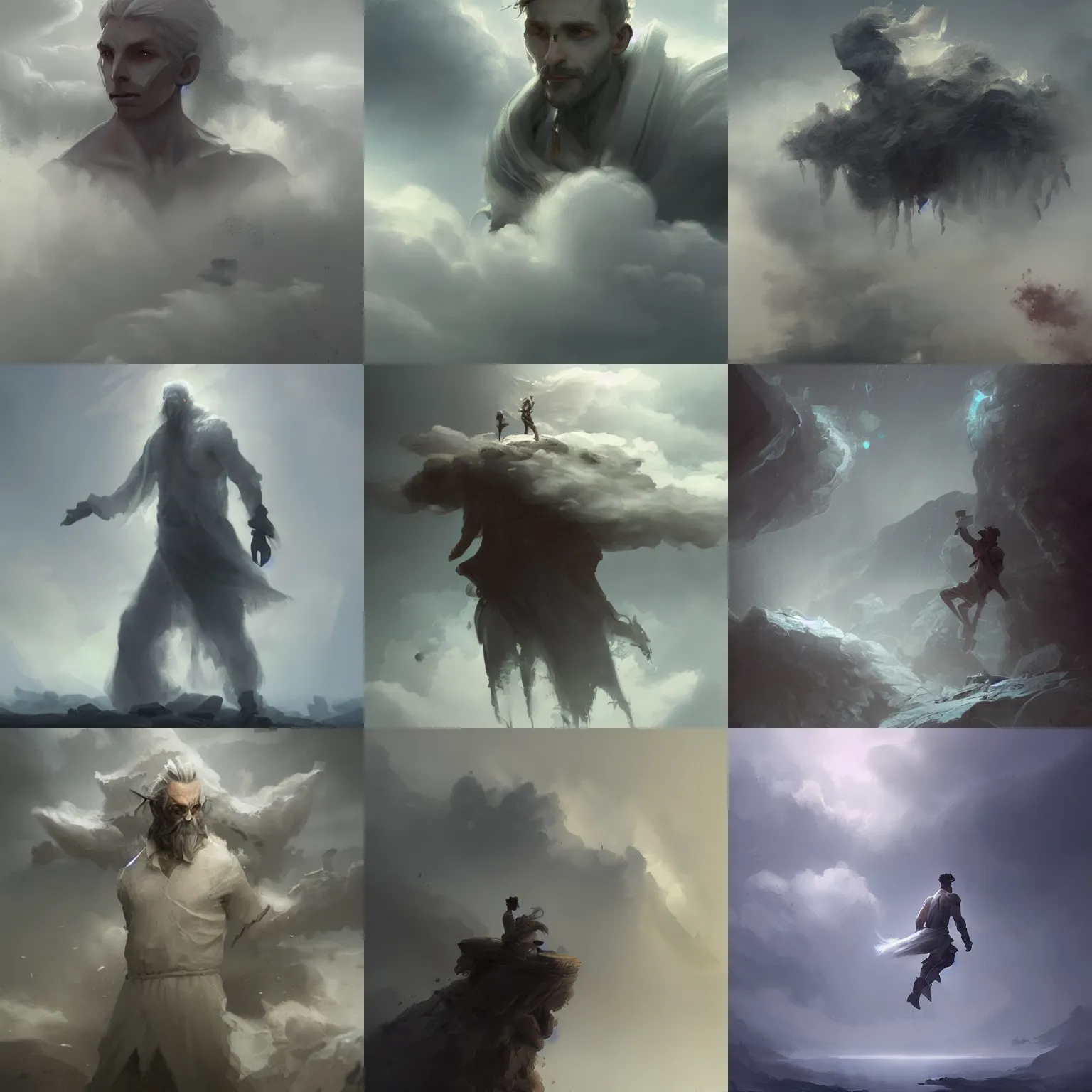 Prompt: male air elemental person, made of clouds and mist, concept art, smooth, sharp focus, illustration, greg rutkowski