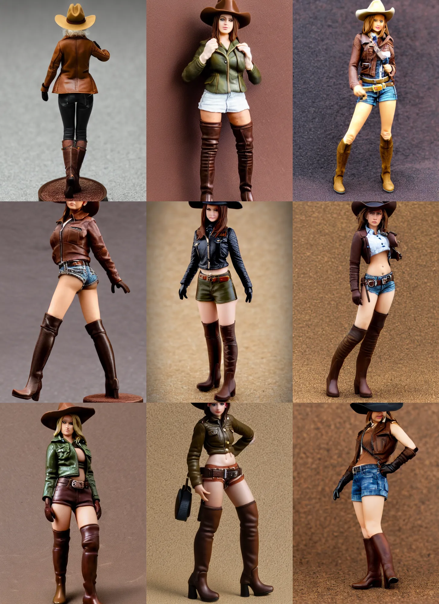 Prompt: 80mm resin detailed miniature of a cow girl, Short brown leather jacket, ten-gallon hat, hot-pants, over-knee boots, navel, olive thigh skin, on textured disc base; Miniature product Introduction Photos, 4K, Full body