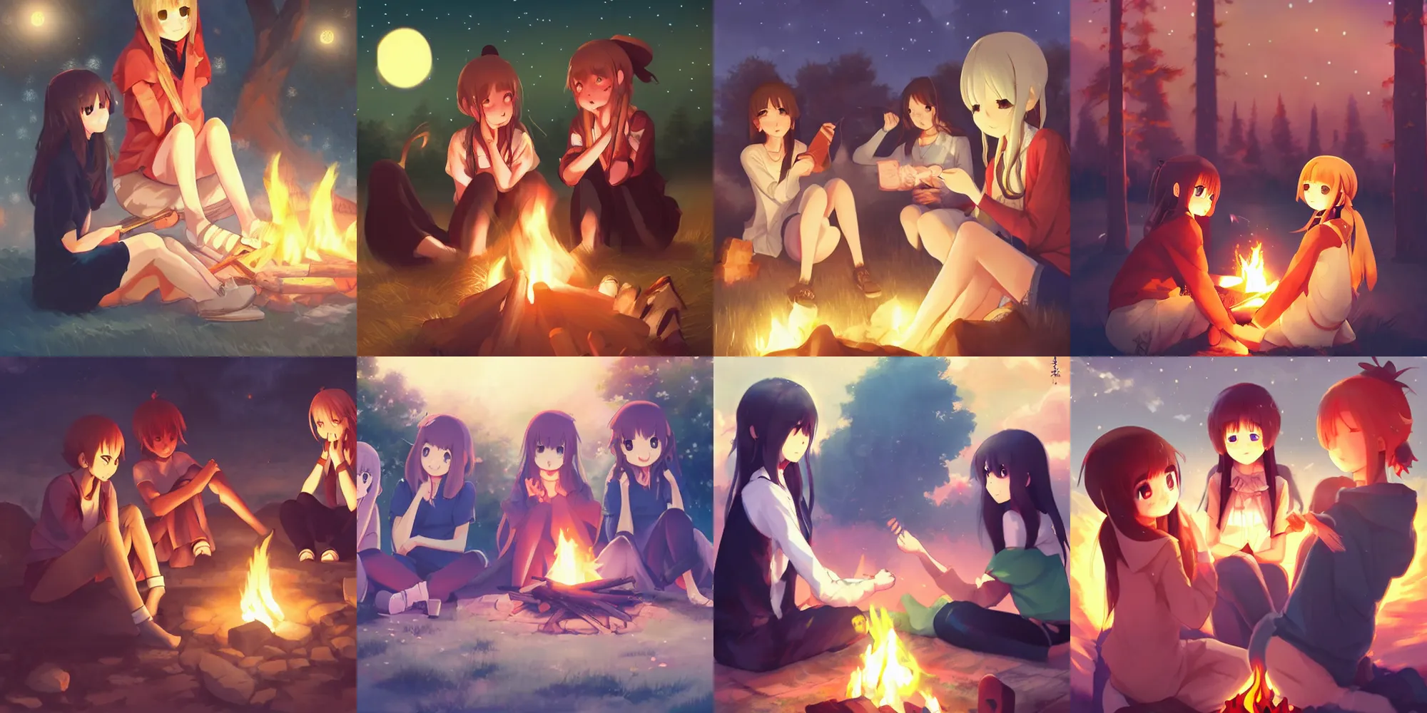 Prompt: very beautiful cute girls sitting around campfire at night, anime, trending on artstation, pixiv, makoto shinkai, manga cover