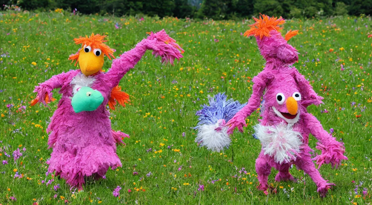 Image similar to wembley fraggle dancing on a flowery meadow