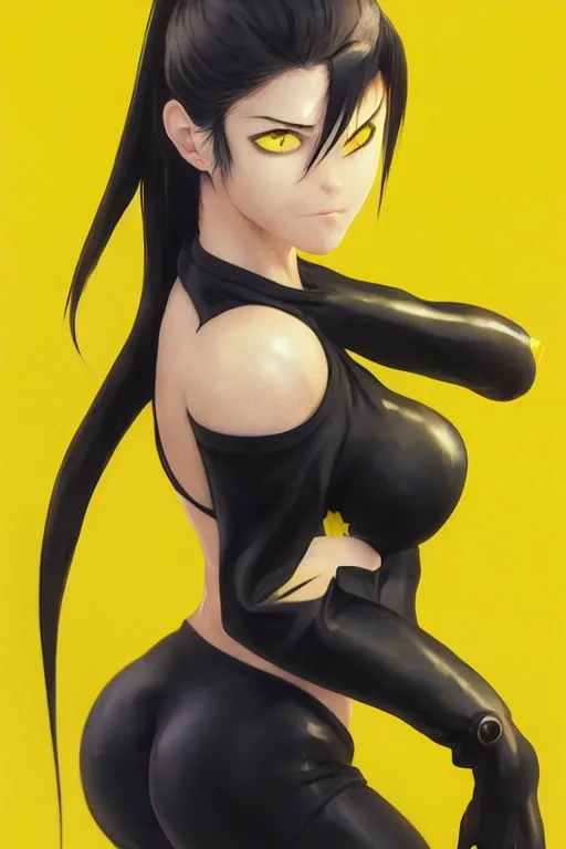 Image similar to black ponytail hair, pale woman in a black zipper jacket and yellow bikini, yellow eyes, by artgerm, hair tied in a ponytail, black backdrop, masterpiece, beautiful render, matte painting, realistic, fighting pose, dynamic angle, by greg rutkowski makoto shinkai takashi takeuchi