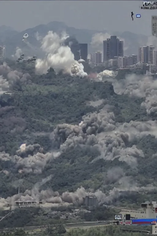 Image similar to the us military attacking pyongyang, dramatic angle, intense scene