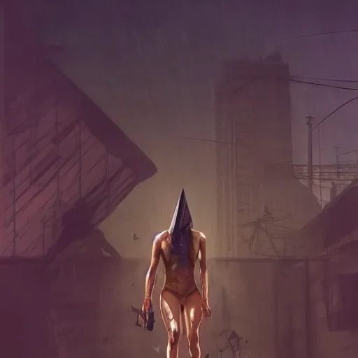 Image similar to silent hill pyramid head as a grand theft auto 5 loading screen, athletic , gorgeous, muscular, intricate, highly detailed, digital painting, artstation, concept art, sharp focus, illustration, art by greg rutkowski and alphonse mucha