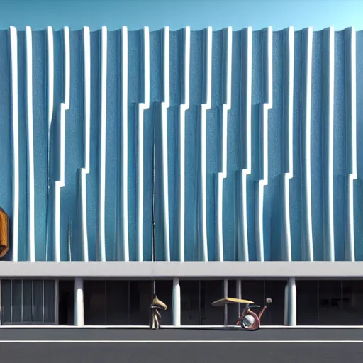 Image similar to freddy mamani silvestre building facade, highly detailed, architectural photo, artstation, 3 d render, 8 k, ultra realistic, lens flare, glow, soft lighting, hyperrealistic, unreal engine, sharp focus, style by wes anderson