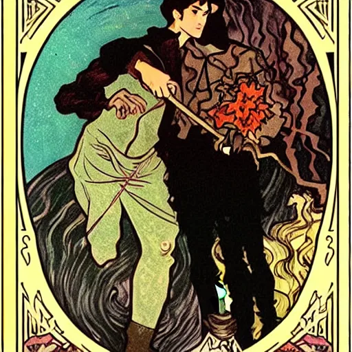 Image similar to tarot card of young cute handsome beautiful dark medium wavy hair man in his 2 0 s named shadow taehyung and cute handsome beautiful min - jun together at the halloween party, bubbling cauldron, candles, smoke, autumn colors, elegant, stylized, soft facial features, delicate facial features, art by alphonse mucha, vincent van gogh, egon schiele