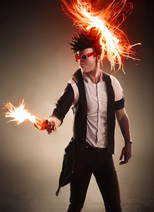 Image similar to young man with long red spiked hair. Blasting fire on his hands. Wearing a black waistcoat, white shirt, using googles. Unreal 5, DAZ, hyperrealistic, octane render, cosplay, RPG portrait, dynamic lighting