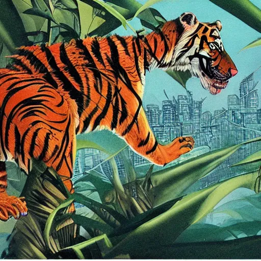 Prompt: a hybrid animal that is half tiger and half crocodile in a futuristic city scape on the edge of the jungle, rule of thirds, painting style of hugo pratt