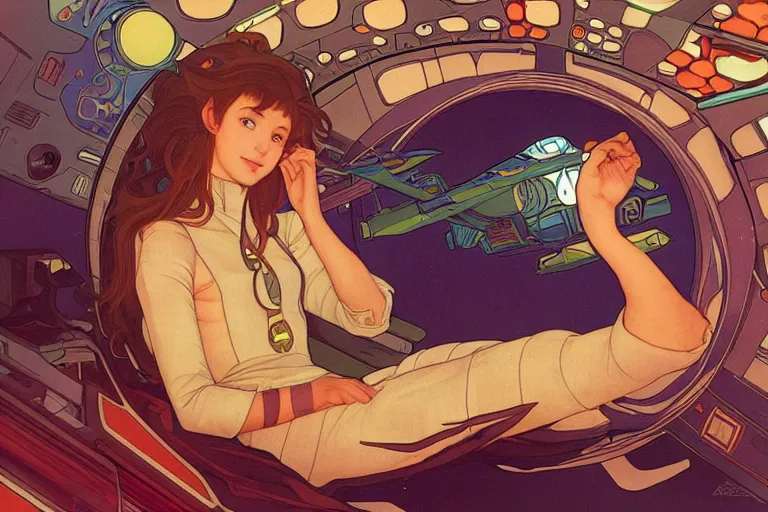 Prompt: a girl in a spaceship, very detailed, smooth render, illustration, art style by shigeru miyamoto and Alphonse Mucha