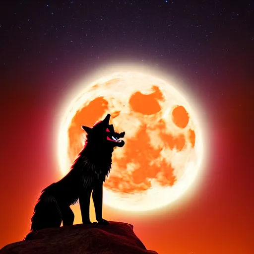 Image similar to werewolf howling to the moon, red sky, 4 k, cinematic composition, dark fantasy, extremely detailed, hyperrealism