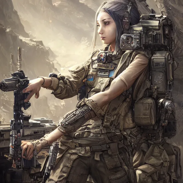 Image similar to the portrait of lawful neutral female futuristic infantry sniper as absurdly beautiful, gorgeous, elegant, young woman looking up, an ultrafine hyperdetailed illustration by kim jung gi, irakli nadar, intricate linework, bright colors, octopath traveler, final fantasy, unreal engine 5 highly rendered, global illumination, radiant light, detailed and intricate environment