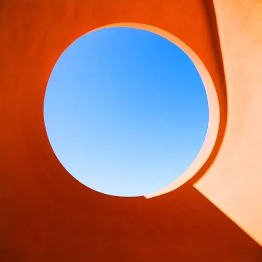 Prompt: a photo taken from inside circular Non-Euclidean clay building sitting in the desert, vintage photo, beautiful cinematography, blue sky, film grain, symmetrical, James Turrell