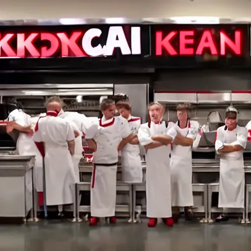 Image similar to gordon ramsay yelling at kfc employees in the kfc kitchen on kitchen nightmares. the employees are lined up and in their kfc uniforms. 4 k broadcast