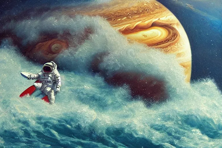 Image similar to an astronaut surfing waves in Jupiter ocean, beautiful, national geographic, very detailed, astrophotography, oil painting, canvas, Sandra Pelser, Jeff Lyons, Albert Bierstadt