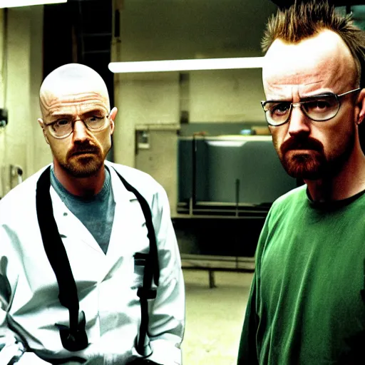 Image similar to walter white and jessie pinkman in gus frings underground laboratory