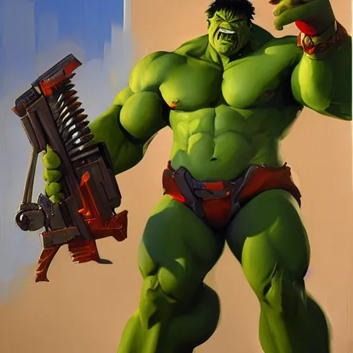 Image similar to greg manchess portrait painting of armed mega shonen hulk as overwatch character, medium shot, asymmetrical, profile picture, organic painting, sunny day, matte painting, bold shapes, hard edges, street art, trending on artstation, by huang guangjian and gil elvgren and sachin teng