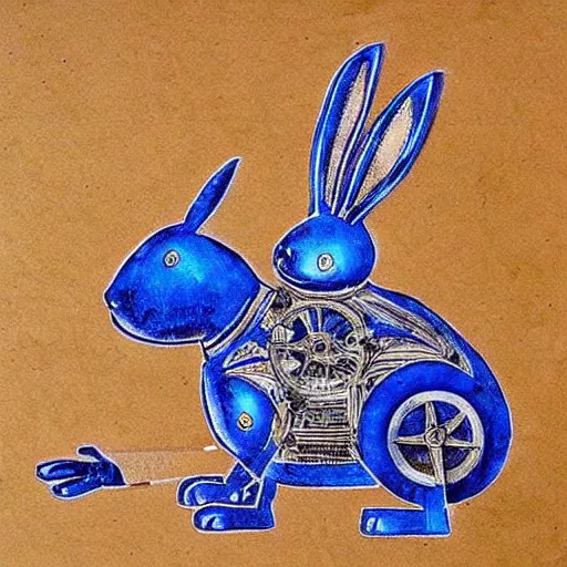 Prompt: mechanical rabbit with a blue crystal inside, steampunk design, made of woods, by Leonardo da Vinci, drawn projects on paper, instructions to build it