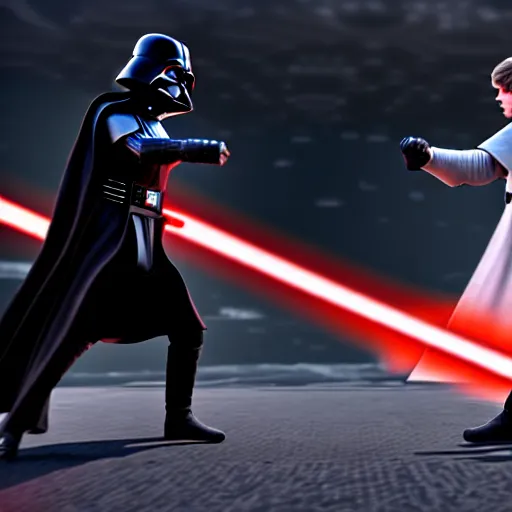 Image similar to ultra detailed picture of a fight between darth vador and anakin skywalker, unreal engine, extremely detailed, epic, dark, highly realistic, beautiful, ultra hd