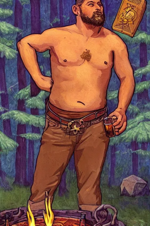 Prompt: an ethereal tarot painting of a handsome shirtless cowboy with a stocky build and beer belly | background is a serene campfire | cans of beans and jugs of whisky | tarot card, art deco, art nouveau | by Mark Maggiori | trending on artstation