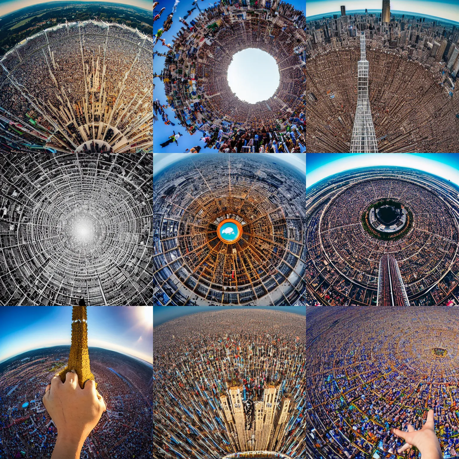 Prompt: a colossal tower made of millions of people standing on top of each other, at the top there's a giant hand made of people that's reaching for the sun. wide angle lens, aerial, we can see the earth in the frame.