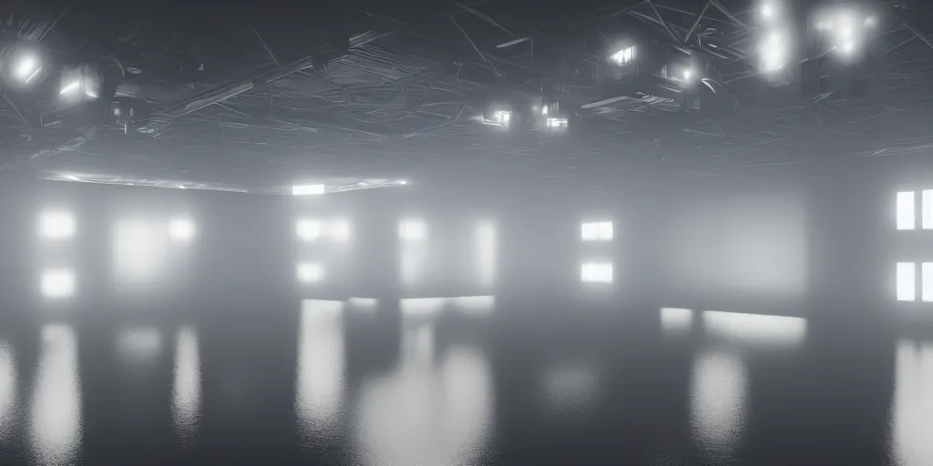 Image similar to a long angle shot of a big dark room with white lights on the celling, detailed, unreal engine, 4 k, dark, moody, foggy