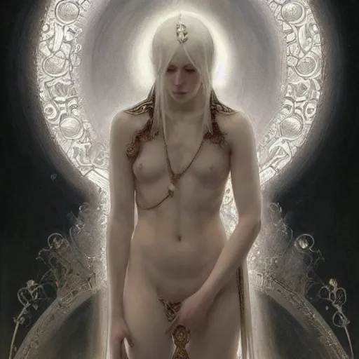 Image similar to portrait of a beautiful ethereal delicate roman catholic bishopress meditative sacral pose catholic stages of the cross, white hair, intricate, elegant, highly detailed, digital painting, artstation, concept art, smooth, sharp focus, illustration, art by krenz cushart and artem demura and alphonse mucha