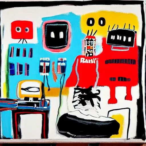 Image similar to basquiat oil painting of robot sneakers, balenciaga,