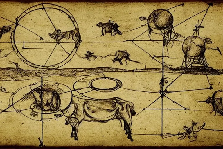 Prompt: detailed schematic by leonardo davinci of a ufo abducting cows, engineering diagram