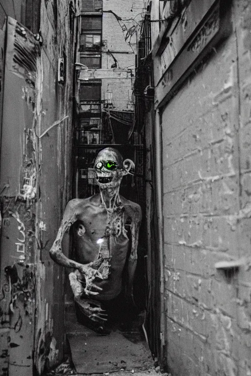 Prompt: 35mm photo of a fungus zombie in a nyc alley