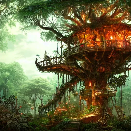 Image similar to an elaborate treehouse overgrown by bioluminescent plants, an ultrafine hyperdetailed illustration by kim jung gi, irakli nadar, intricate linework, bright colors, octopath traveler, final fantasy, unreal engine 5 highly rendered, global illumination, radiant light, detailed and intricate environment