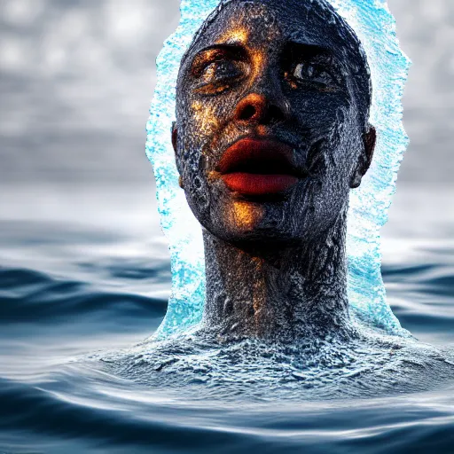 Image similar to water artwork manipulation in the shape of a human head, on the ocean water, ray tracing, realistic water sharp focus, long shot, 8 k resolution, cinematic, surreal water art