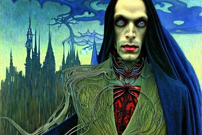 Image similar to realistic extremely detailed portrait painting of an elegantly creepy vampire man in a cape, futuristic sci-fi castle on background by Jean Delville, Amano, Yves Tanguy, Alphonse Mucha, Ernst Haeckel, Edward Robert Hughes, Roger Dean, rich moody colours, blue eyes