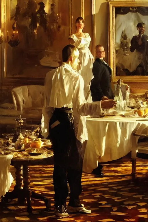 Image similar to portrait of a respectable dignified royal business elite politician standing on top of a finely set table calmly stepping in the food art by anders zorn, wonderful masterpiece by greg rutkowski, beautiful cinematic light, american romanticism by greg manchess, jessica rossier