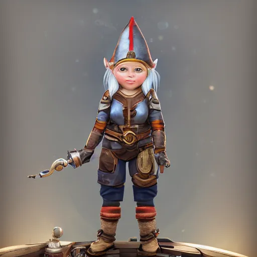 Image similar to extremely realistic portrait of a real life female gnome mechanic artificer character, one prosthetic arm metallic gauntlet, standing on a boat with naval background, trending on artstation, heroic pose, highly detailed, 8k