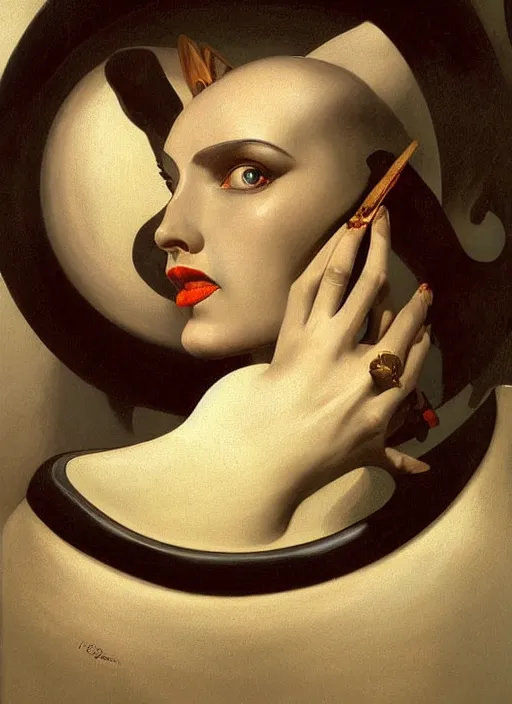 Prompt: surrealism, abstract, witch, portrait, close - up, make up, full big moon, painting by leyendecker, soft light