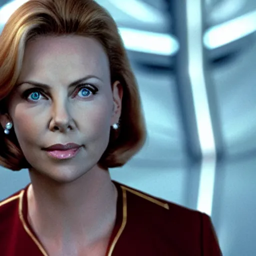 Image similar to movie film still of Charlize Theron as Beverly Crusher in a new Star Trek The Next Generation movie, cinematic