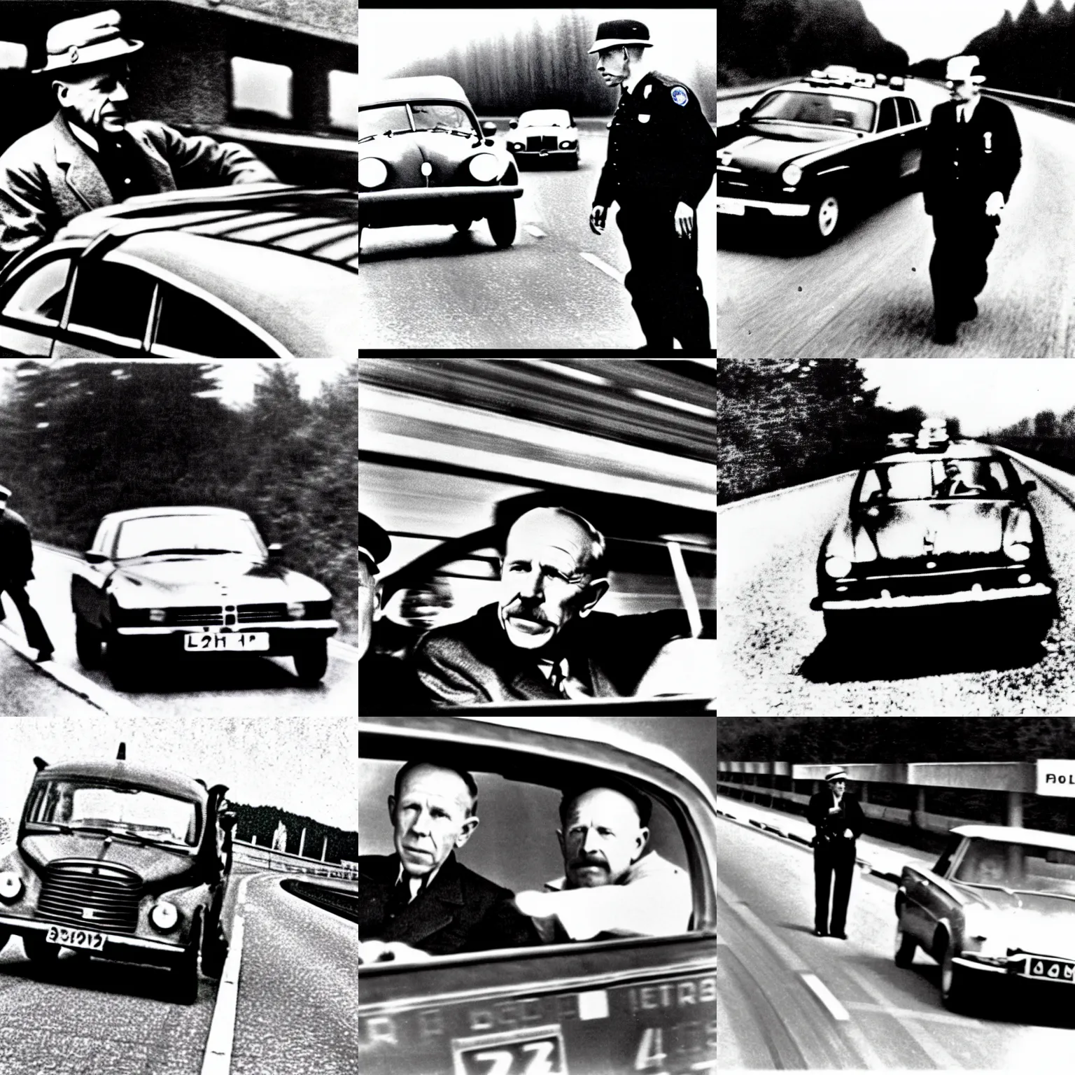 Prompt: a policeman pulls werner heisenberg over on the autobahn for speeding