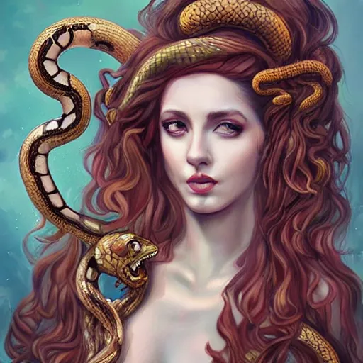 Image similar to realistic mythological greek medusa with snakes on the head full body, dressed in a queen's dress, by anna dittmann