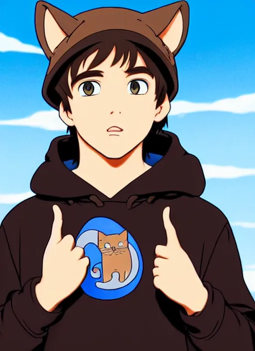 Image similar to teen boy with brown hair and big blue eyes, wearing a black hoodie with cat ears on top of it, natural lighting, path traced, highly detailed, high quality, cartoon, digital painting, by don bluth and ross tran and studio ghibli and alphonse mucha