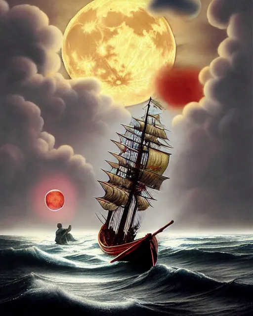 Prompt: the age of discovery, red moon over stormy ocean, huge clouds in the form of a gigantic octopus, the greatest adventurer standing on a 1 5 th century sampan boat holding a medieval compass, dappled silver lighting, epic, atmospheric, highly detailed, by igor morski, jacek yerka, alexander jansson, james christensen, tomek setowski